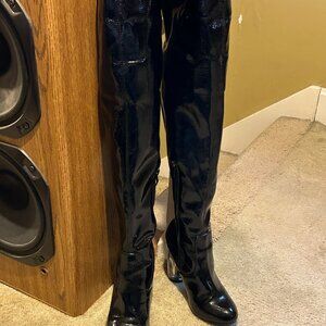 Forever black faux patent thigh high boots w/acylic heel size 6